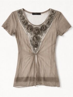 Blue Island Sheer Taupe Top – Rosette Trim Scoop Neck (Made in Italy)